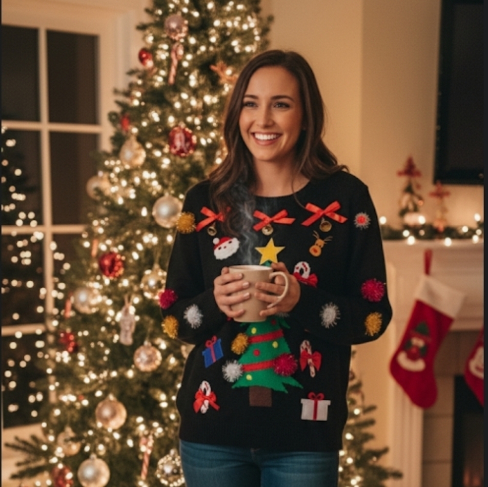 Ugly Christmas Sweater Black DIY Embellished In 3D Vtg Style Holiday Party Sz S